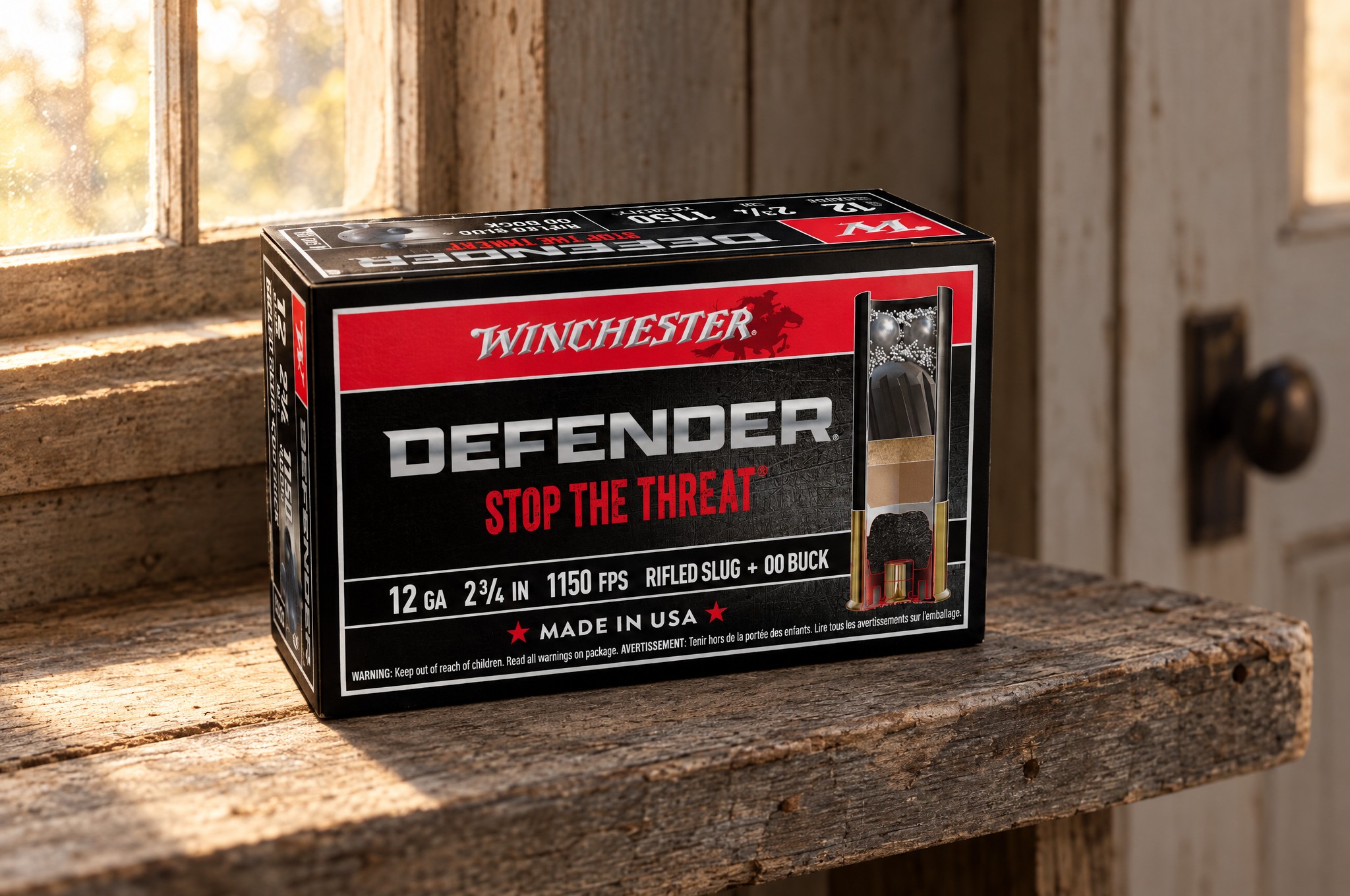 Winchester PDX1 Defender review: S12PDX1 12 gauge rifled slug plus 00 buck box on a barn wood shelf in morning window light