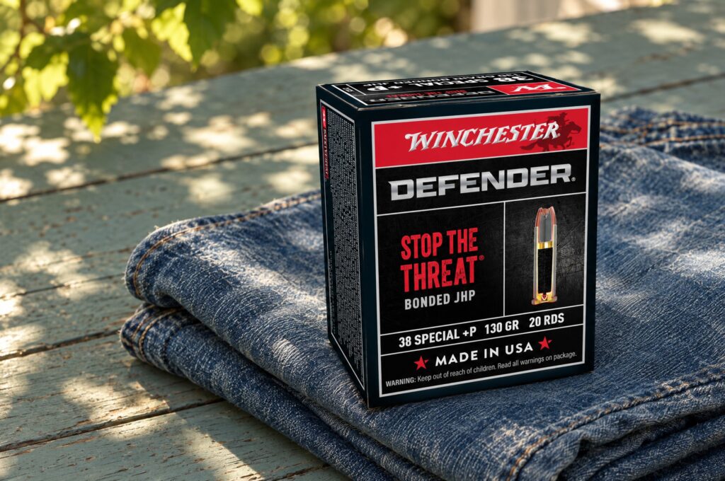 Winchester Defender S38PDB 38 Special +P 130 grain bonded JHP box on folded jeans on a porch table