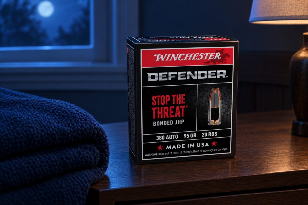 Winchester Defender S380PDB 380 Auto 95 grain bonded JHP box on a walnut nightstand in moonlight