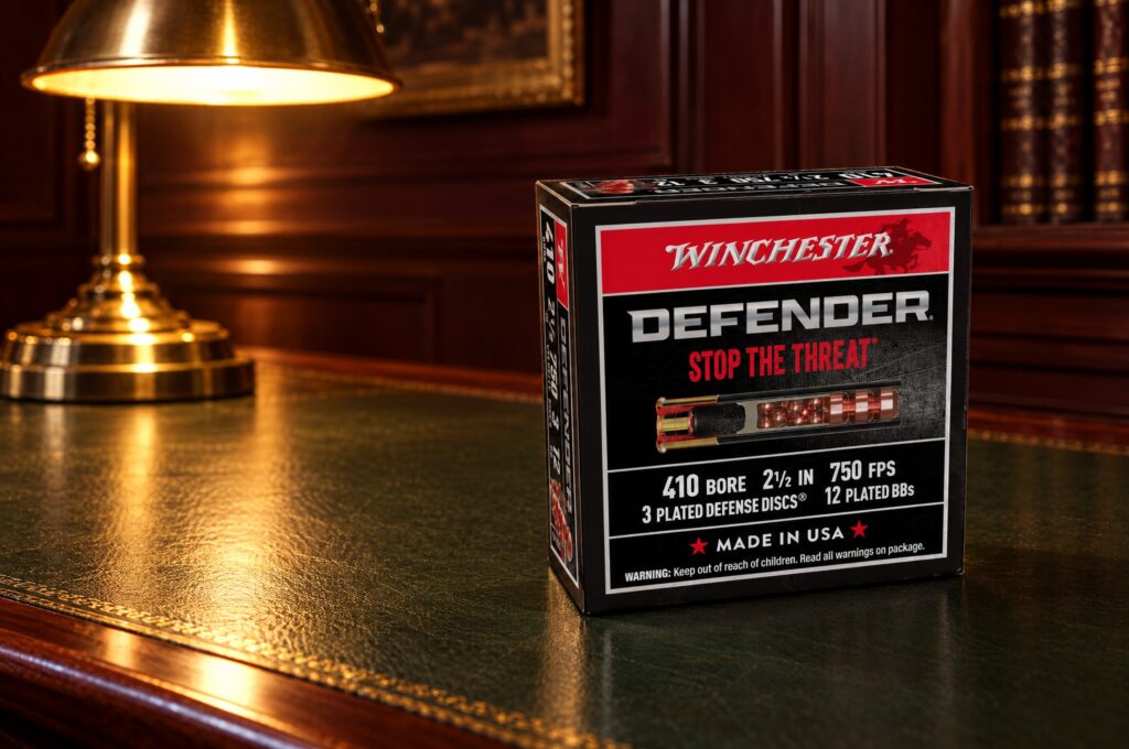 Winchester Defender S410PDX1 410 bore 2.5 inch box with 3 plated Defense Discs and 12 plated BBs on a leather desk by lamplight