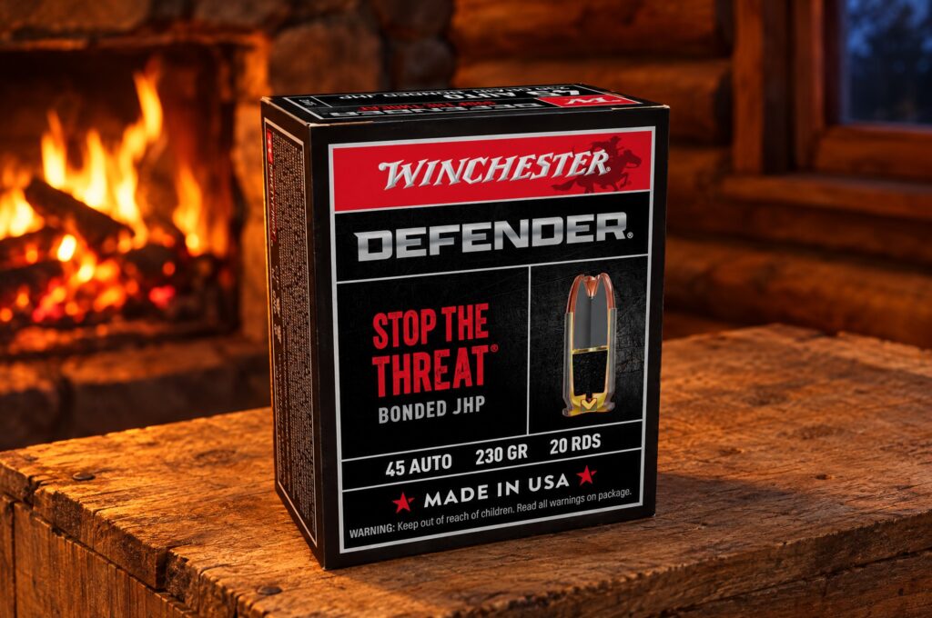 Winchester Defender S45PDB 45 Auto 230 grain bonded JHP box on a pine crate by a cabin fireplace
