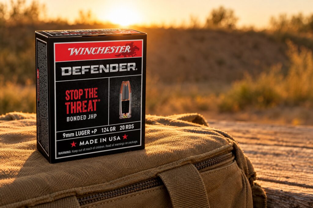 Winchester Defender S9MMPDB 9mm Luger +P 124 grain bonded JHP box on a canvas range bag at golden hour