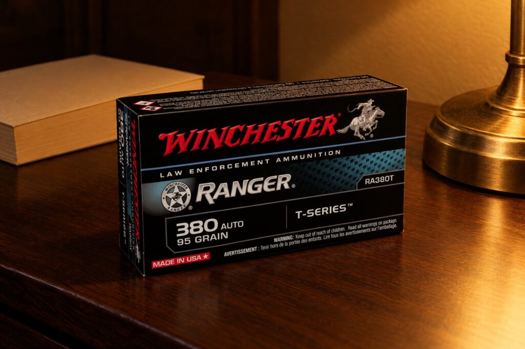Winchester Ranger T-Series RA380T 380 Auto 95 grain box on a walnut nightstand by lamplight