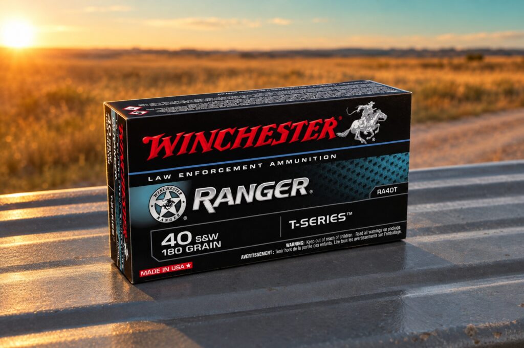 Winchester Ranger T-Series RA40T 40 S&W 180 grain box on a pickup tailgate at golden hour