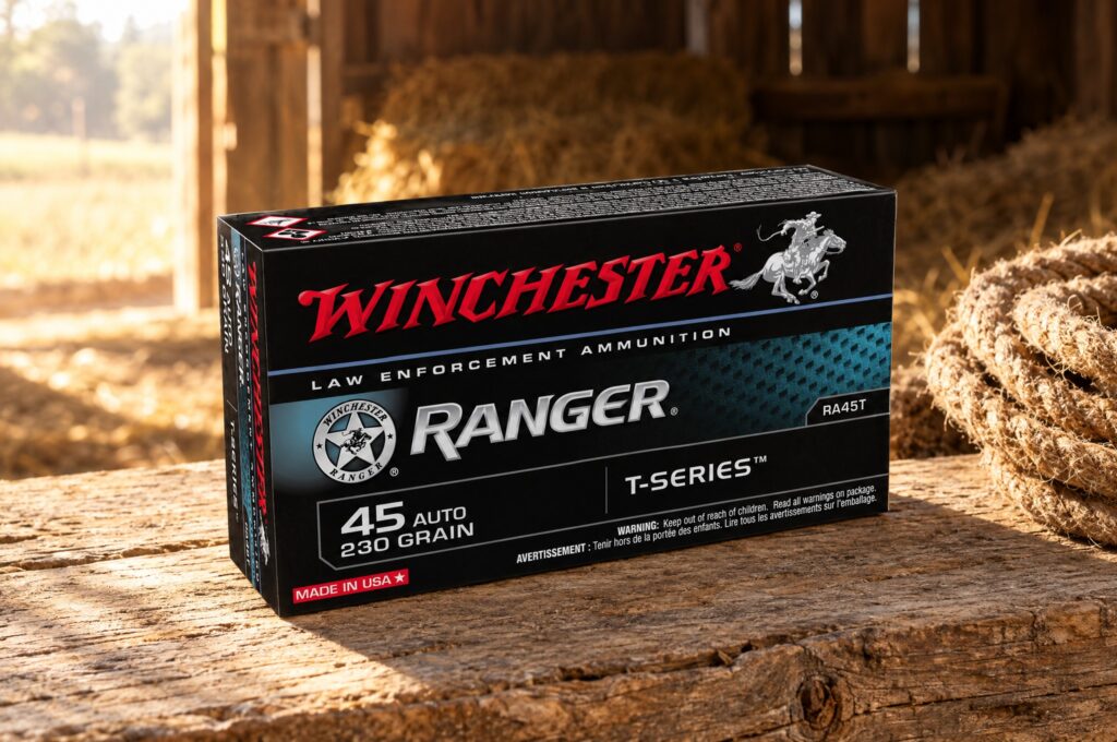 Winchester Ranger T-Series RA45T 45 Auto 230 grain box on a pine barn plank beside a rope coil in morning sun