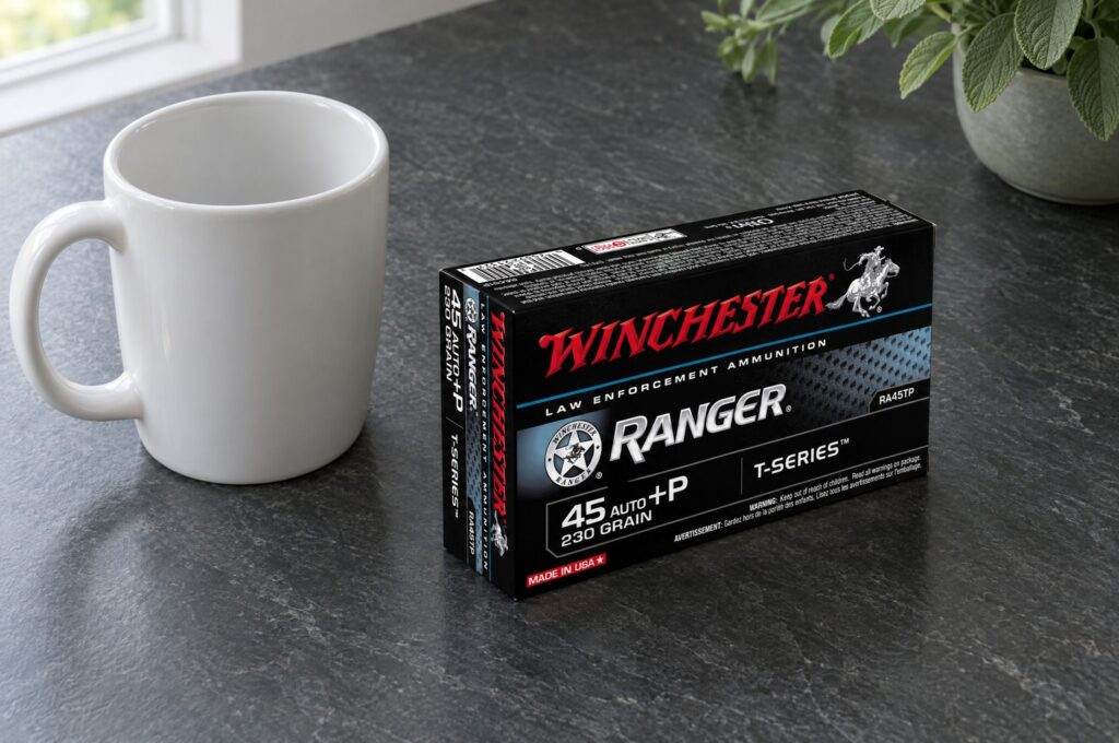 Winchester Ranger T-Series RA45TP 45 Auto +P 230 grain box on a slate counter beside a white mug