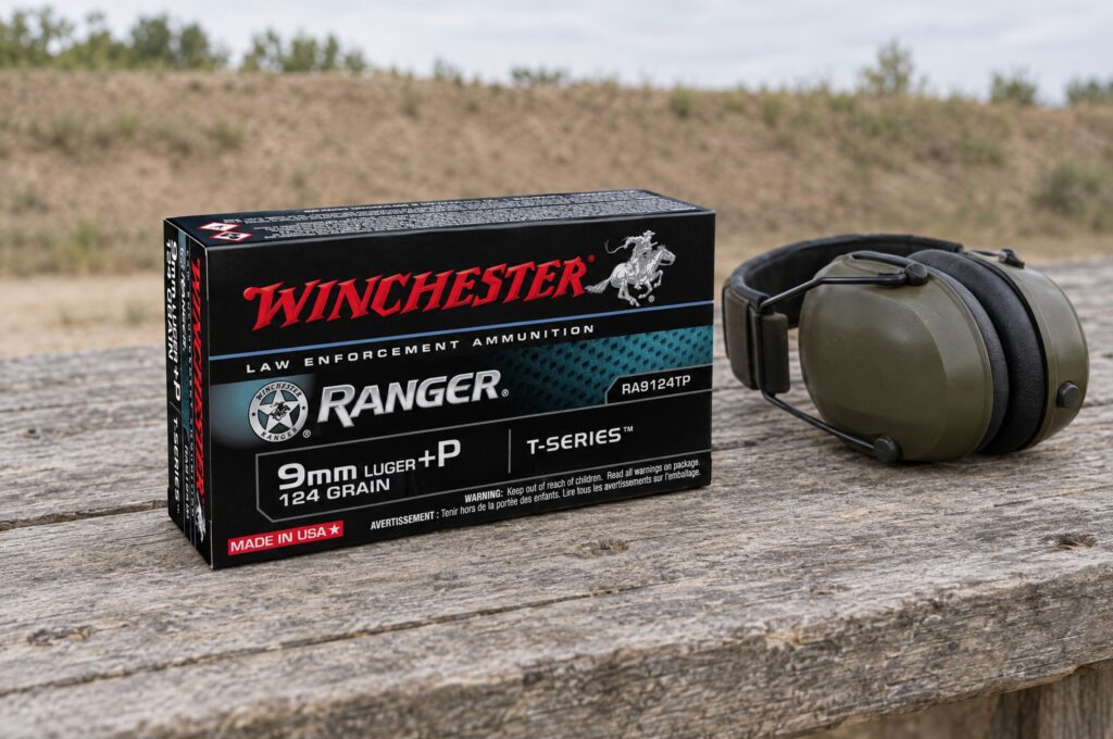 Winchester Ranger T-Series RA9124TP 9mm Luger +P 124 grain box on a weathered range bench beside olive ear muffs