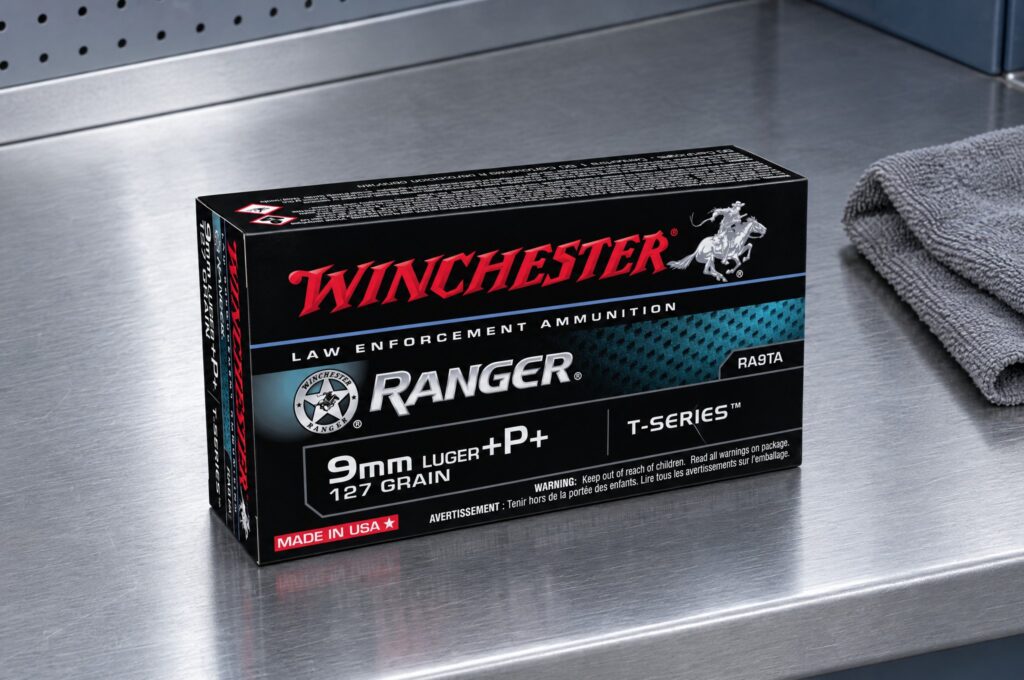 Winchester Ranger T-Series RA9TA 9mm Luger +P+ 127 grain box on a brushed steel shop shelf