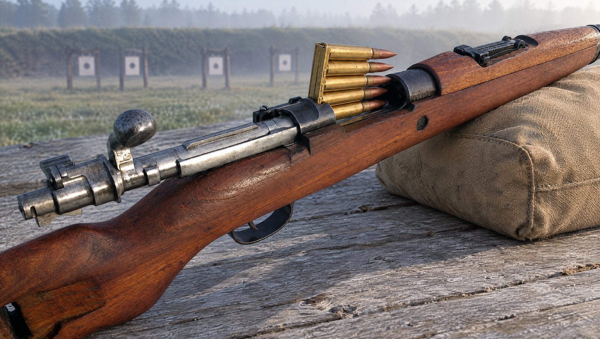 Yugoslav M48 Mauser rifle on a range bench with a stripper clip of five 8mm Mauser cartridges in the open action