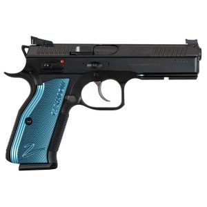 CZ-USA Shadow 2 9mm 4" Bbl 17rd Blk Handgun w/Polycoat Steel Frame, Nitride Slide, FO Front/Blk Serrated Hajo Rear, Blue Alum Grips 91257