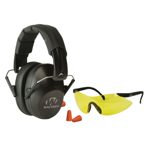 Walkers GWPFPM1GFP Pro Low Profile Passive Muff Combo Kit Includes Foam Ear Plugs, Low Profile 31 db Over the Head Passive Muff, Shooting Glasses w/Yellow Lens