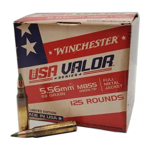 Winchester USA Valor 62 gr FMJ M855 5.56x45 Ammunition, 125 Rounds - USA855125