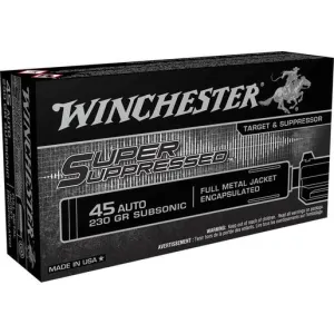 Winchester Ammunition 21 Winchester Super Suppressed 45 Auto (ACP) 230gr Subsonic FMJ Handgun Ammo - 50 Rounds