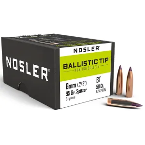 Nosler Ammunition 73 Ballistic Tip Hunting Spitzer 95 gr 6mm Reloading Bullets - 50 Round Box