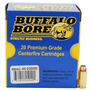 Buffalo Bore 45 ACP +P 230 grain Jacketed Hollow Point Pistol and Handgun Ammo, 20/Box - 45-230/20