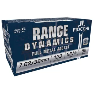 Fiocchi Range Dynamics 7.62x39mm 123gr FMJ Rifle Ammo, 50Rds