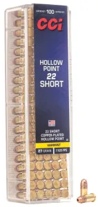 CCI .22 Short 27gr Copper Plated HP High Velocity Ammunition 100rds -0028