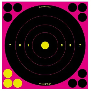 Birchwood Casey 34808 Shoot-N-C Reactive Target Self-Adhesive Paper Air, Rifle/Centerfire, Rifle/Rimfire, Rifle Black/Pink 8 in Bullseye Includes Pasters 6 Pack