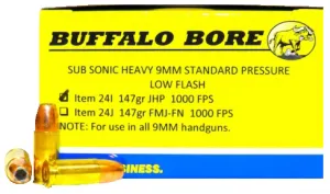 Buffalo Bore Ammunition 31 Buffalo Bore Subsonic Heavy Standard Pressure 9mm Parabellum/Luger 147 grain Jacketed Hollow Point Pistol and Handgun Ammo, 20/Box - 24I/20