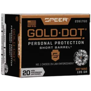 Speer Ammunition 47 Speer Gold Dot 357 Magnum 135gr HP Short Barrel Handgun Ammo - 20 Rounds