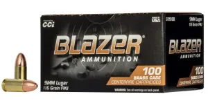 CCI Blazer Brass 9mm Ammo 115gr FMJ, 100rds - 51991BB