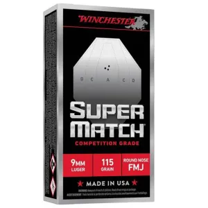 Winchester Super Match 9mm Luger 115gr FMJRN Handgun Ammo - 50 Rounds