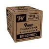 Winchester Brown Box Target & Practice 9mm Luger Ammo 115 Grain Full Metal Jacket Flat Nose Box of 50 Bulk