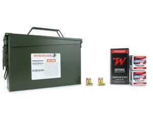 Alaska Gun Laws 44 Winchester USA Target Pack 9mm 115 Gr FMJ / Winchester Defense 9mm 115 Gr JHP 150 Rounds in Heavy Duty Ammo Can Bundle