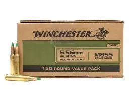 Winchester M855 62 gr Green Tip FMJ 5.56x45mm Ammunition 150 Rounds - WM855150