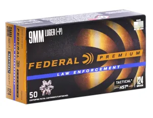 Federal Premium LE Tactical 9mm Luger+P 124gr HST Jacketed Hollow Point, 50rds - P9HST3